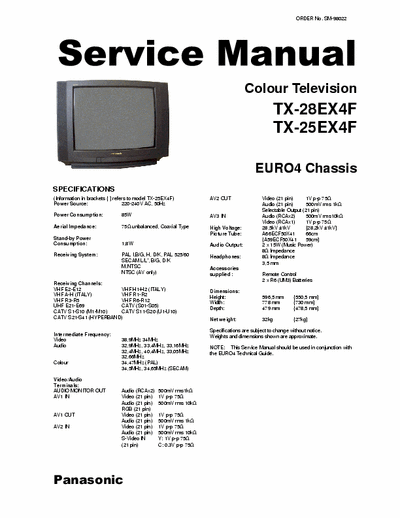 Panasonic TX-28EX4F Panasonic Colour Television
Models: TX-28EX4F, TX-25EX4F
Chassis: EURO4
Service Manual